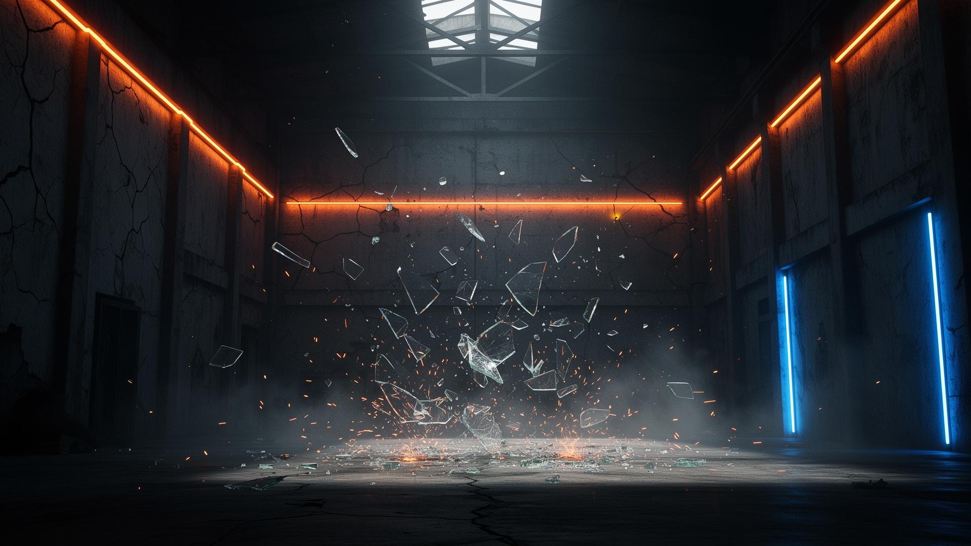 Dark industrial smash room with shattering glass and neon lighting